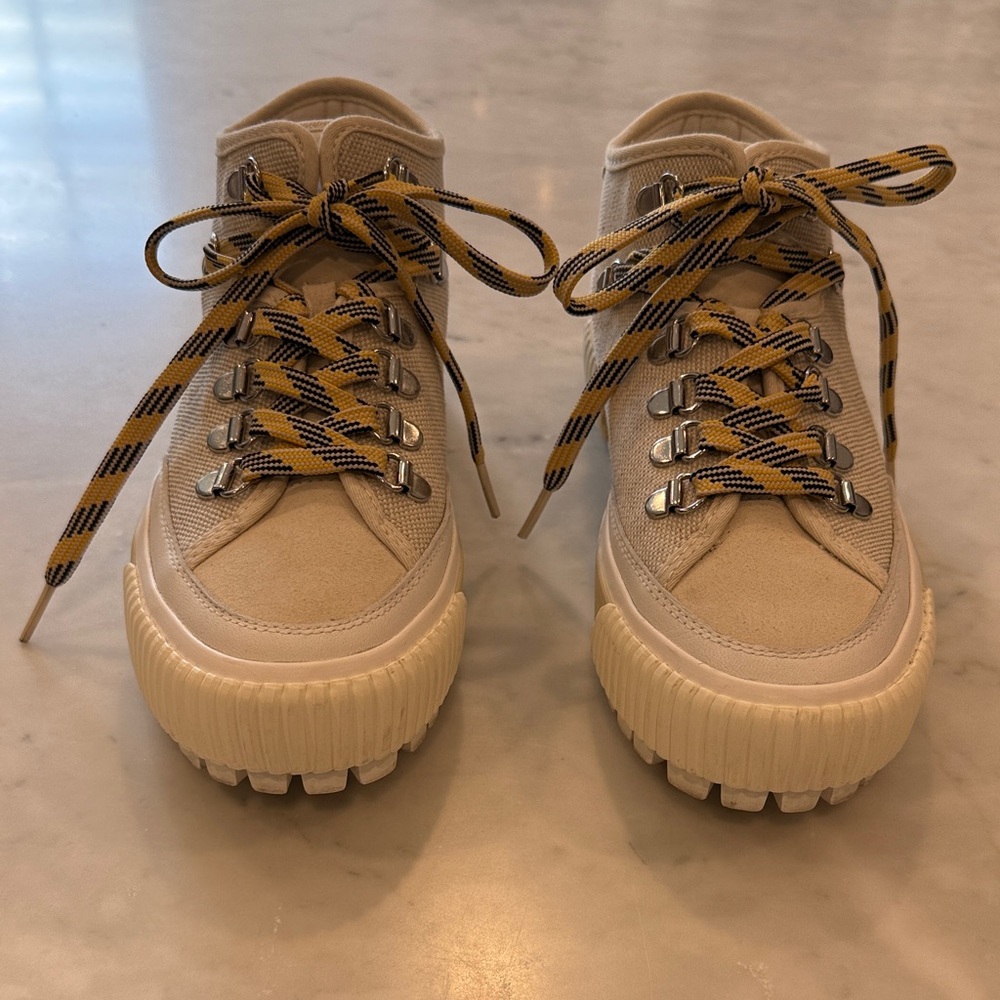 Rag & Bone canvas army hiker Beige Mid-Top Sneakers with Patterned Laces.